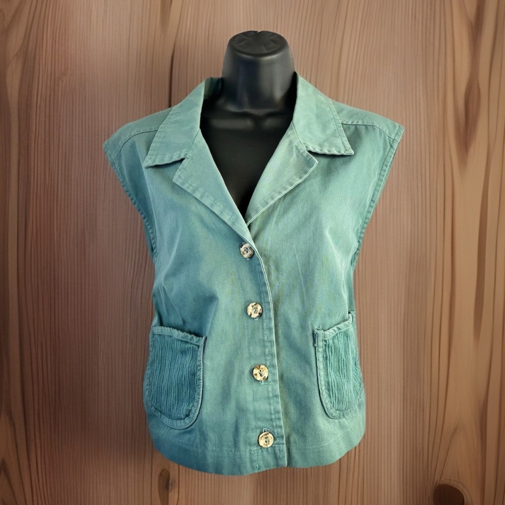 Vintage Cropped Vest 18W Green Cotton Pockets‎ Boxy Grunge Punk Androgyny USA